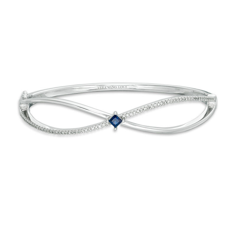Vera Wang Love Collection Princess-Cut Blue Sapphire and 0.37 CT. T.W. Diamond Bangle in Sterling Silver - 7.5"