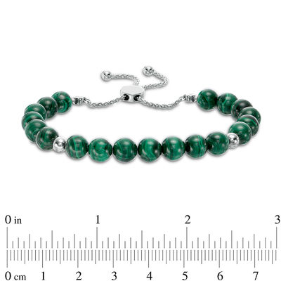 8.0mm Malachite and Polished Bead Bolo Bracelet in Sterling Silver - 9.0"