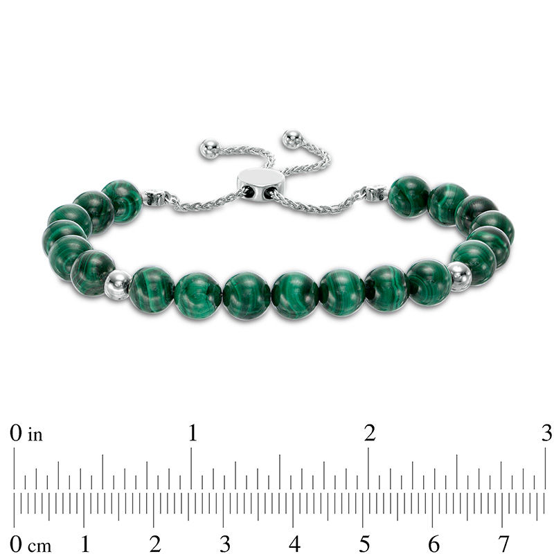 8.0mm Malachite and Polished Bead Bolo Bracelet in Sterling Silver - 9.0"