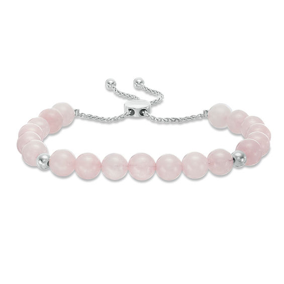 8.0mm Rose Quartz and Polished Bead Bolo Bracelet in Sterling Silver - 9.0"