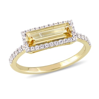 Sideways Baguette Citrine and White Sapphire Frame Ring in Sterling Silver with Yellow Rhodium