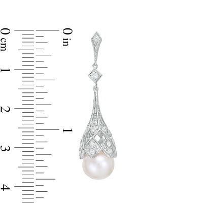 8.0-9.0mm Freshwater Cultured Pearl and Lab-Created White Sapphire Beaded Art Deco Drop Earrings in Sterling Silver