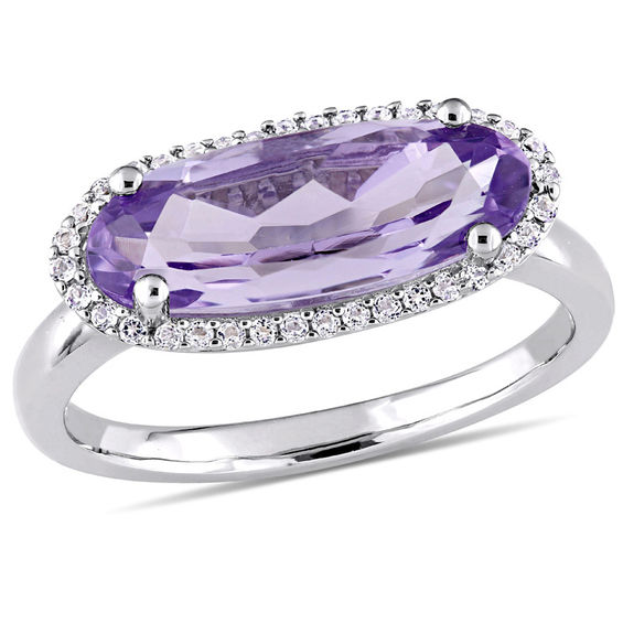 Sideways Oval Amethyst and White Topaz Frame Ring in Sterling Silver