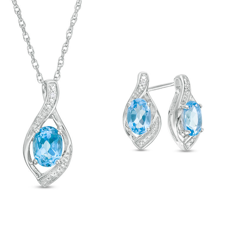 Oval Blue Topaz and Lab-Created White Sapphire Beaded Open Flame Pendant and Drop Earrings Set in Sterling Silver|Peoples Jewellers