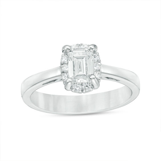 0.85 CT. T.W. Certified Canadian Emerald-Cut Diamond Frame Engagement Ring in 14K White Gold (I/SI2)