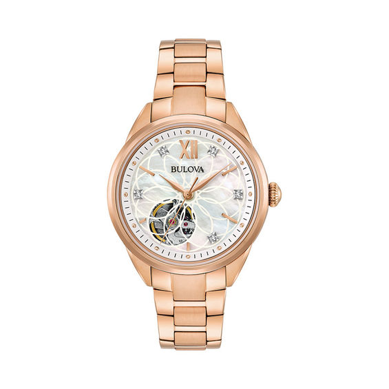 Ladies' Bulova Automatic Diamond Accent Rose-Tone Watch with Mother-of-Pearl Skeleton Dial (Model: 97P121)