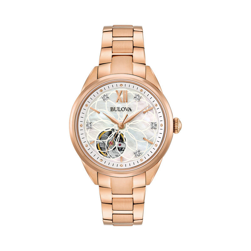 Ladies' Bulova Automatic Diamond Accent Rose-Tone Watch with Mother-of-Pearl Skeleton Dial (Model: 97P121)|Peoples Jewellers