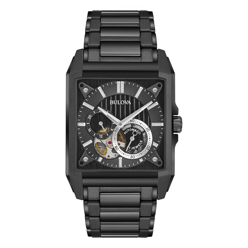 Men's Bulova Automatic Black IP Watch with Black Rectangular Skeleton Dial (Model: 98A180)