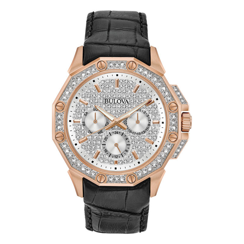 Men's Bulova Crystal Accent Rose-Tone Strap Watch with Silver-Tone Dial  (Model: 98C126)|Peoples Jewellers