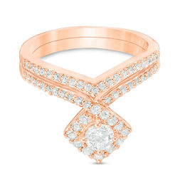 0.70 CT. T.W. Diamond Tilted Cushion Frame Bridal Set in 10K Rose Gold