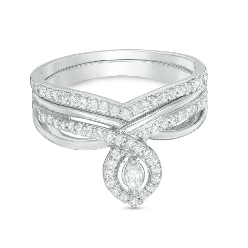 0.30 CT. T.W. Marquise Diamond Frame Twist Shank Bridal Set in Sterling Silver|Peoples Jewellers