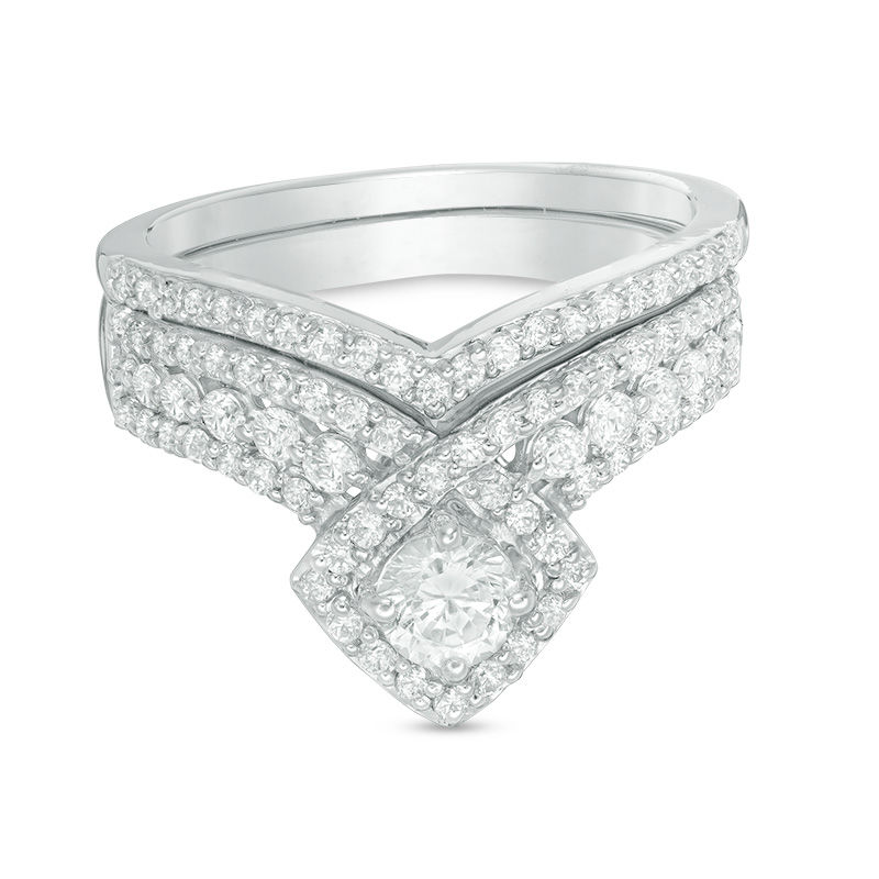 Main Image 1 of 0.95 CT. T.W. Diamond Tilted Cushion Frame Bridal Set in 10K White Gold