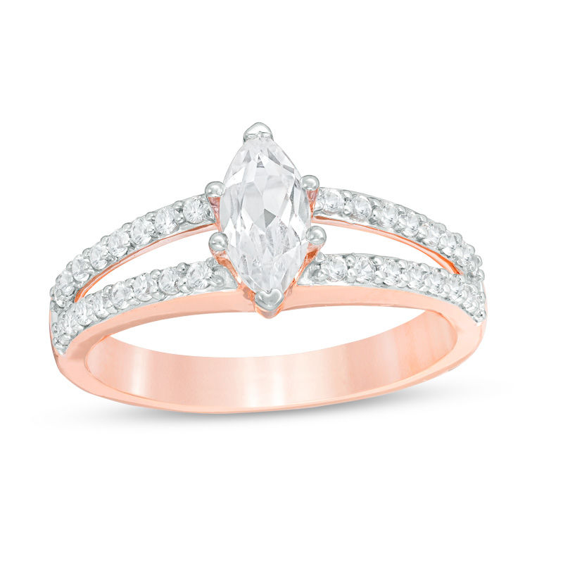 Marquise Lab-Created White Sapphire Split Shank Engagement Ring in 10K Rose Gold|Peoples Jewellers