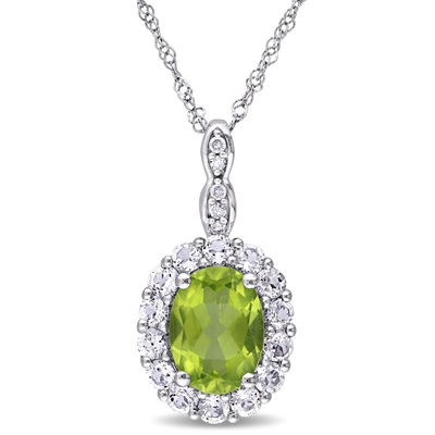 Oval Peridot, White Topaz and Diamond Accent Frame Pendant in 14K White Gold - 17"