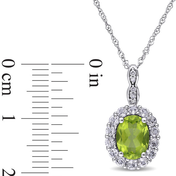 Oval Peridot, White Topaz and Diamond Accent Frame Pendant in 14K White Gold - 17"