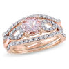 6.0mm Morganite and 0.21 CT. T.W. Diamond Twist Shank Three Piece Bridal Set in 10K Rose Gold