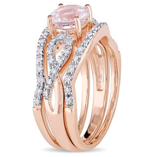 6.0mm Morganite and 0.21 CT. T.W. Diamond Twist Shank Three Piece Bridal Set in 10K Rose Gold