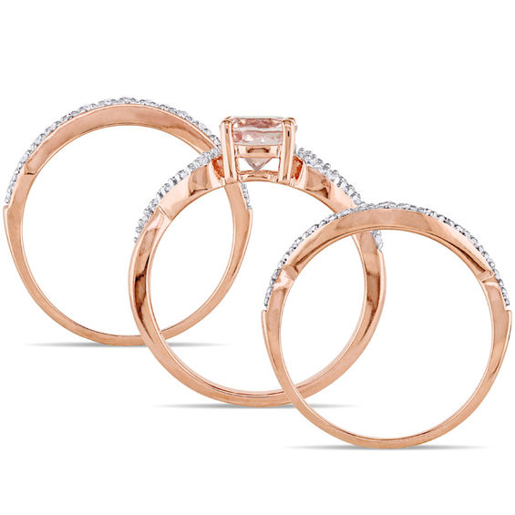 6.0mm Morganite and 0.21 CT. T.W. Diamond Twist Shank Three Piece Bridal Set in 10K Rose Gold