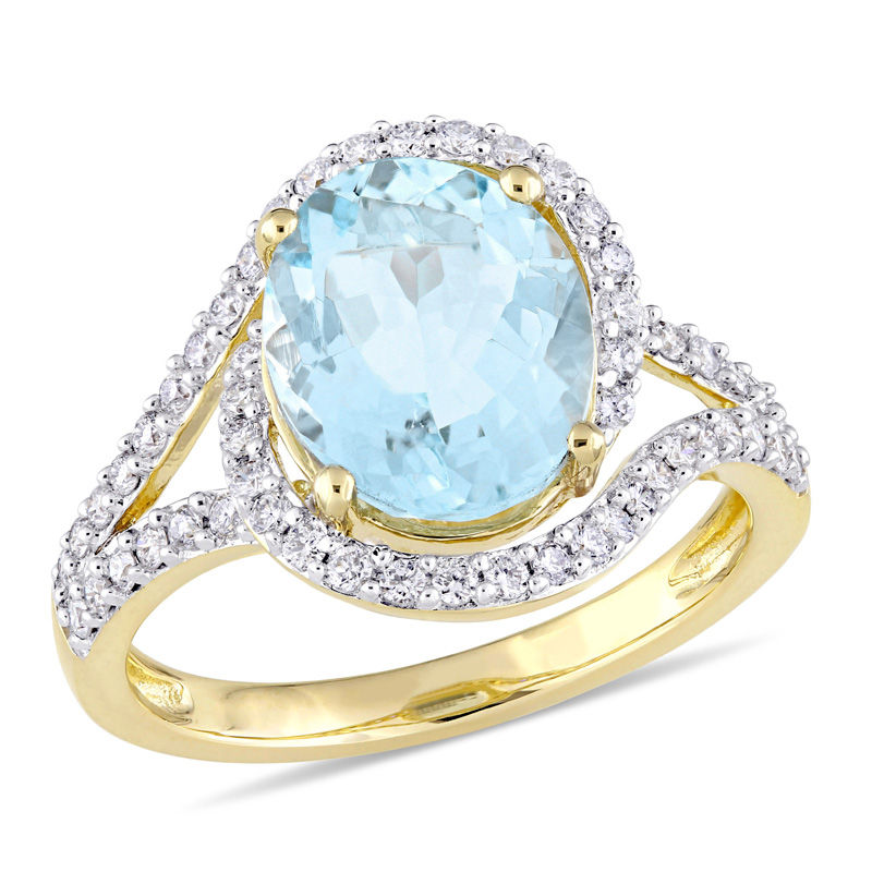 Oval Aquamarine and 0.48 CT. T.W. Diamond Bypass Frame Engagement Ring in 14K Gold|Peoples Jewellers