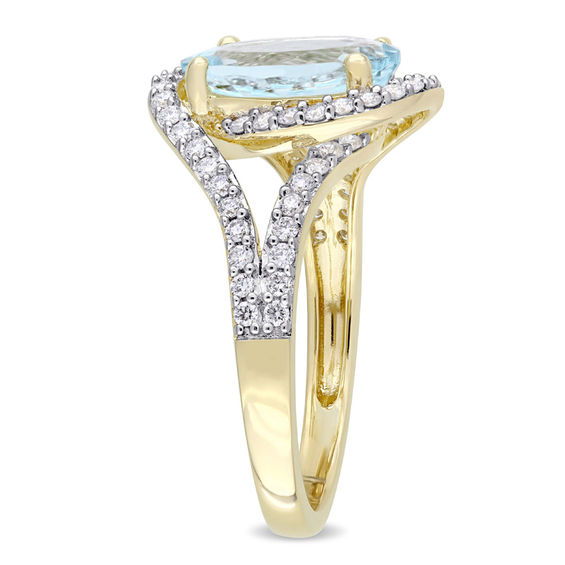 Oval Aquamarine and 0.48 CT. T.W. Diamond Bypass Frame Engagement Ring in 14K Gold