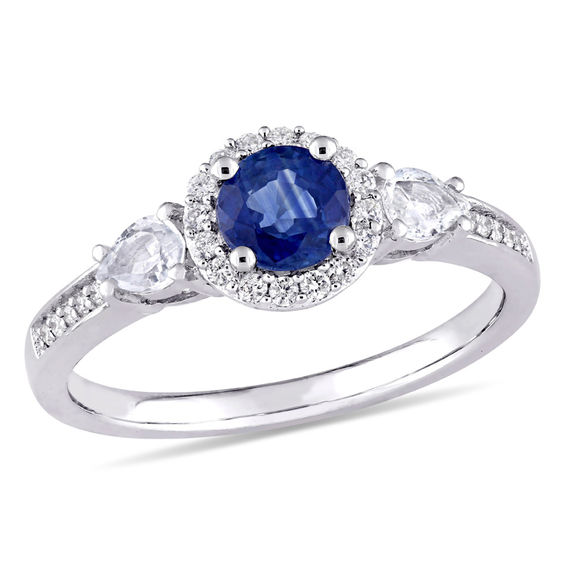 Blue and White Sapphire and 0.12 CT. T.W. Diamond Frame Three Stone Engagement Ring in 14K White Gold