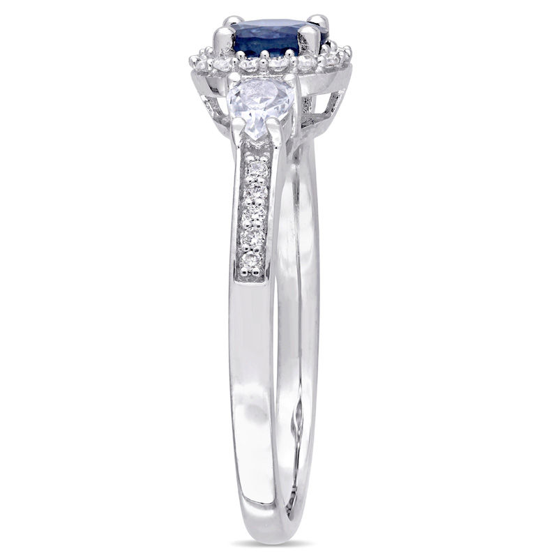 Blue and White Sapphire and 0.12 CT. T.W. Diamond Frame Three Stone Engagement Ring in 14K White Gold|Peoples Jewellers
