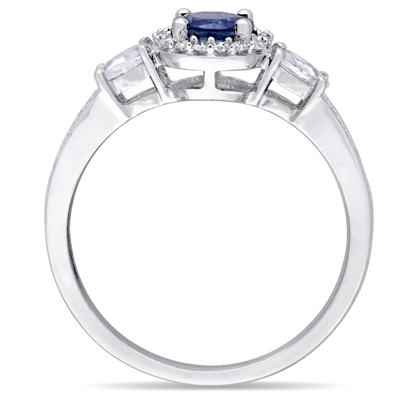 Blue and White Sapphire and 0.12 CT. T.W. Diamond Frame Three Stone Engagement Ring in 14K White Gold|Peoples Jewellers