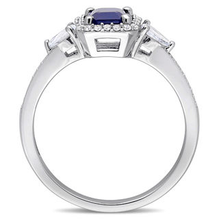 Emerald-Cut Blue and White Sapphire and 0.15 CT. T.W. Diamond Frame Three Stone Engagement Ring in 14K White Gold