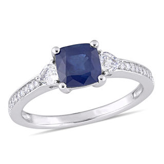 6.0mm Cushion-Cut Blue and White Sapphire and 0.09 CT. T.W. Diamond Three Stone Engagement Ring in 14K White Gold