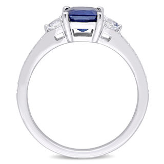 6.0mm Cushion-Cut Blue and White Sapphire and 0.09 CT. T.W. Diamond Three Stone Engagement Ring in 14K White Gold