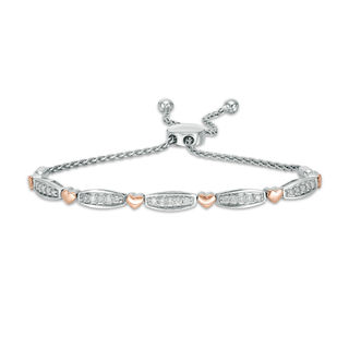 0.50 CT. T.W. Diamond Alternating Bar and Heart Bolo Bracelet in Sterling Silver and 10K Rose Gold - 9.5"