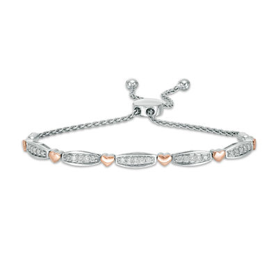 0.50 CT. T.W. Diamond Alternating Bar and Heart Bolo Bracelet in Sterling Silver and 10K Rose Gold - 9.5"