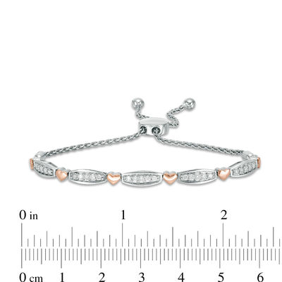 0.50 CT. T.W. Diamond Alternating Bar and Heart Bolo Bracelet in Sterling Silver and 10K Rose Gold - 9.5"