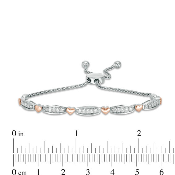 0.50 CT. T.W. Diamond Alternating Bar and Heart Bolo Bracelet in Sterling Silver and 10K Rose Gold - 9.5"