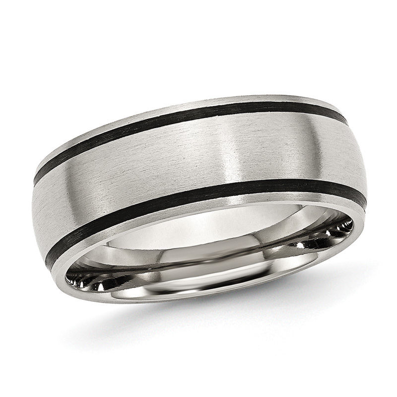 Men's 8.0mm Black Accent Striped Brushed Wedding Band in Stainless Steel|Peoples Jewellers