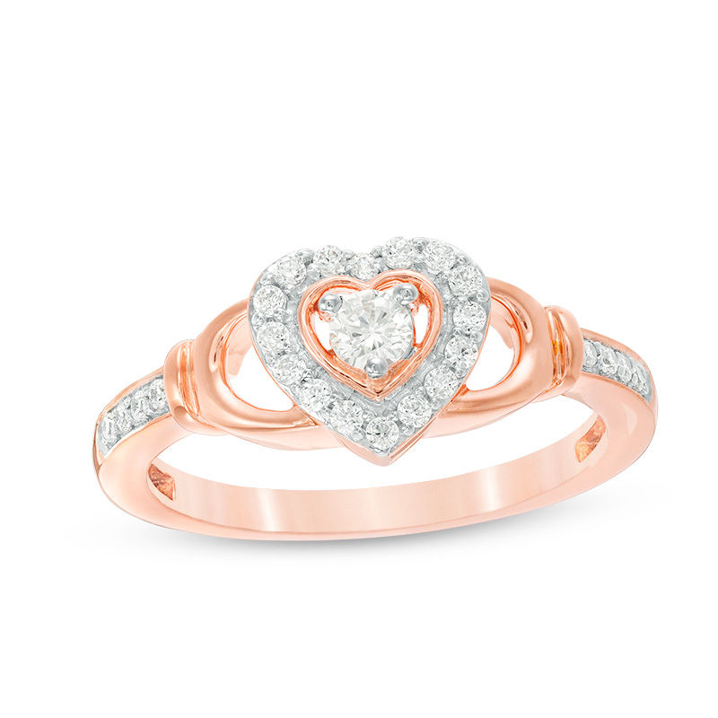 0.23 CT. T.W. Diamond Heart Frame Claddagh-Style Promise Ring in 10K Rose Gold|Peoples Jewellers