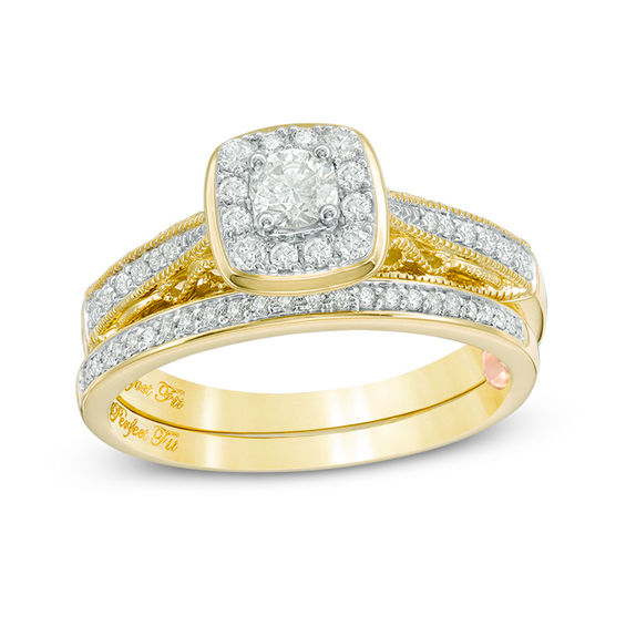 Perfect Fit 0.45 CT. T.W. Diamond Cushion Frame Vintage-Style Interlocking Bridal Set in 10K Gold