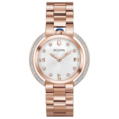 Ladies’ Bulova Rubaiyat 0.20 CT. T.W. Diamond Rose-Tone Watch with Silver-White Dial (Model: 98R248)