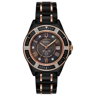 Ladies' Bulova Marine Star Diamond Accent Two-Tone Ceramic Watch with Black Mother-of-Pearl Dial (Model: 98R242)