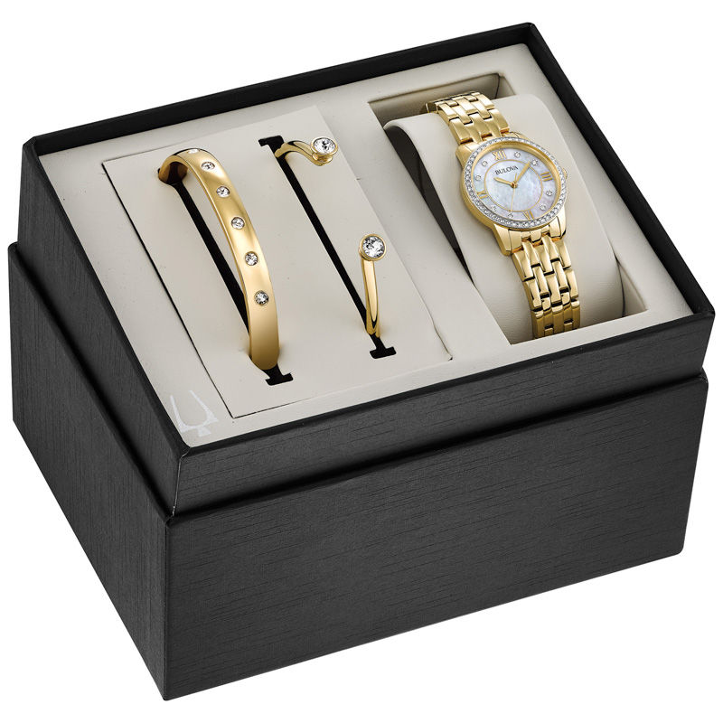 Ladies' Bulova Crystal Accent Gold-Tone Watch and Bracelet Boxed Set (Model: 98X115)|Peoples Jewellers
