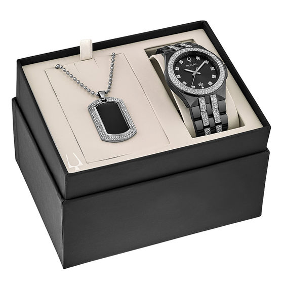 Men's Bulova Crystal Accent Black IP Watch and Dog Tag Pendant Boxed Set (Model: 98K101)