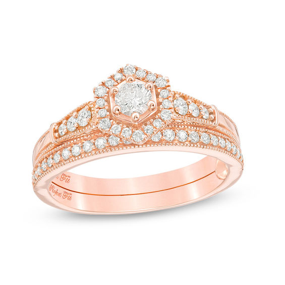 Perfect Fit 0.45 CT. T.W. Diamond Hexagon Frame Vintage-Style Interlocking Bridal Set in 10K Rose Gold