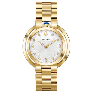 Ladies’ Bulova Rubaiyat Diamond Accent Gold-Tone Watch with Silver-White Dial (Model: 97P125)