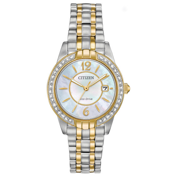 Ladies' Exclusive Citizen Eco-Drive® Silhouette Crystal Two-Tone Watch with Mother-of-Pearl Dial (Model: EW1684-54D)