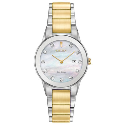 Ladies' Exclusive Citizen Eco-Drive® Axiom Diamond Accent Two-Tone Watch with Mother-of-Pearl Dial (Model: GA1059-56D)