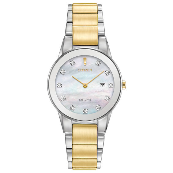 Ladies' Exclusive Citizen Eco-Drive® Axiom Diamond Accent Two-Tone Watch with Mother-of-Pearl Dial (Model: GA1059-56D)