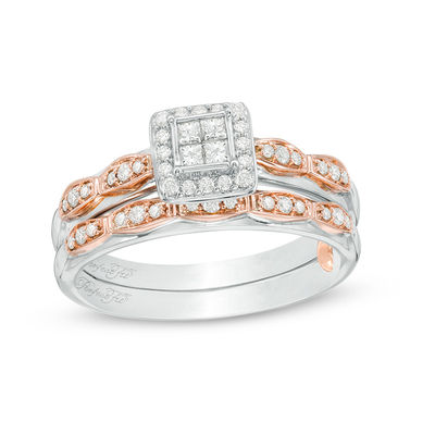 0.30 CT. T.W. Quad Princess-Cut Diamond Frame Interlocking Bridal Set in 10K Two-Tone Gold