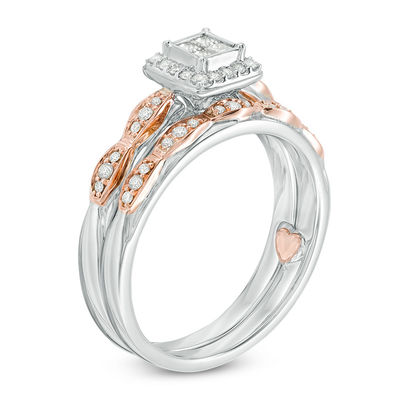 0.30 CT. T.W. Quad Princess-Cut Diamond Frame Interlocking Bridal Set in 10K Two-Tone Gold