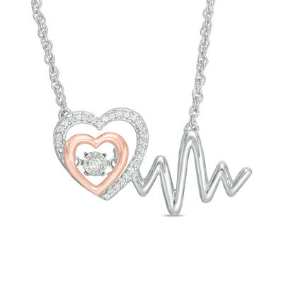 Unstoppable Love™ 0.09 CT. T.W. Diamond Double Heart and Heartbeat Necklace in Sterling Silver and 10K Rose Gold