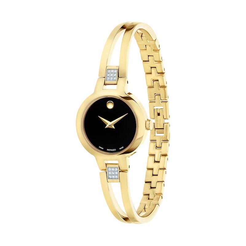 Ladies' Movado Amorosa® 0.07 CT. T.W. Diamond Gold-Tone PVD Bangle Watch with Black Dial (Model: 0607155)|Peoples Jewellers